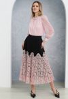 Floral Lace Spliced Pleated Maxi Skirt in Pink