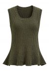 Scoop Neck Ruffle Hem Sleeveless Knit Top in Olive