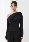 Asymmetric Ruched Satin Long Sleeve Top in Black