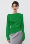 Asymmetric Ruched Satin Long Sleeve Top in Green