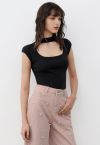 Choker Neck Cap Sleeve Knit Top in Black