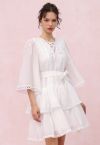 Cutwork Trim Flare Sleeve Tiered Dress in White