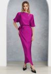 Satin Short-Sleeve Wrapped Waist Maxi Dress in Magenta