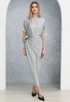 Satin Short-Sleeve Wrapped Waist Maxi Dress in Grey