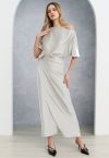 Satin Short-Sleeve Wrapped Waist Maxi Dress in Ivory