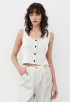 Button Down Sleeveless Knit Crop Top in White