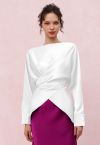 Boat Neck Crisscross Waist Satin Top in White