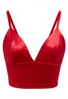 Satin Finish V-Neck Crop Cami Top in Red