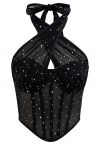 Sequined Tie-Neck Mesh Corset Top