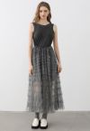 Tiered Mesh Spliced Sleeveless Maxi Dress in Smoke