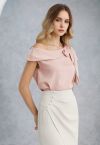 Side Bowknot Asymmetrical Neckline Satin Top in Pink