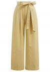 Bow Tie Sash Pleated Wide-Leg Pants in Mustard