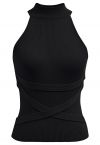 Crisscross Ribbon Sleeveless Halter Knit Top in Black