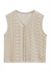 V-Neck Openwork Cotton Vest in Camel