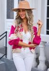 Striped Color Block Open Front Knit Cardigan in Hot Pink