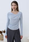 Gentle Crossover Long-Sleeve Knit Top in Blue