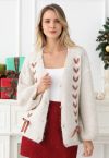 Gingham Ribbon Lace-Up Fuzzy Knit Cardigan in Oatmeal