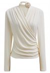 Faux-Wrap Ruched Top with Choker in Cream