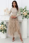 Ruffle Panelled Mesh Tulle Midi Skirt in Light Tan