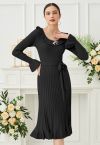 Ruffle Charm Tie Sash Ribbed Knit Dress in Black