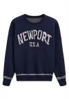 Newport Letter Crew Neck Oversized Knit Sweater in Navy