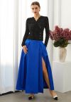 High-Slit Seamed Waist Pleated Satin Maxi Skirt in Indigo