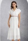 Collared Eyelet Embroidery Buttoned Midi Dress in White