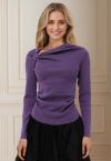 Side Knot Ruched Long-Sleeve Knit Top in Purple