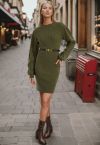 Lantern Sleeve Round Neck Ribbed Sweater Dress in Army Green