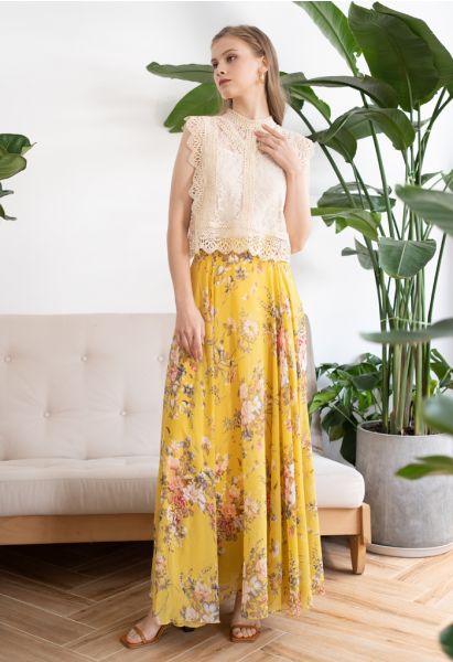 تنورة ماكسي شيفون بنقشة الزهور المفضلة الخالدة باللون الأصفر