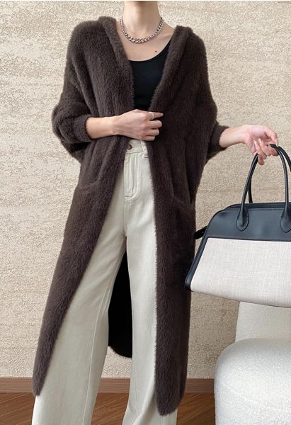 Fluffy Open Front Hooded Longline Knit Cardigan in Brown