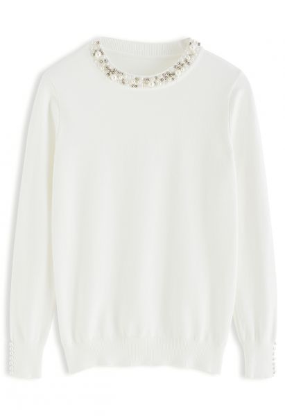 Pearl Trimmed Soft Knit Top in White