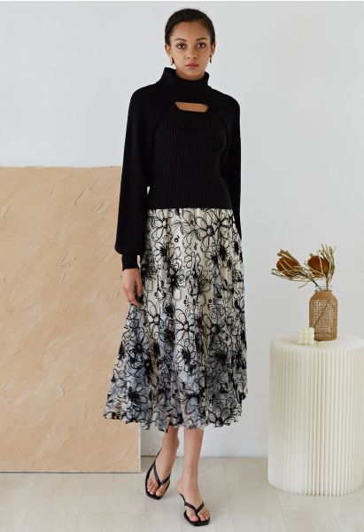 Velvet Flower Blossom Mesh Tulle Skirt in Cream