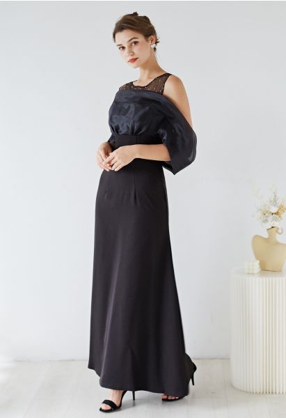 Spliced Organza Cold-Shoulder Gown in Black