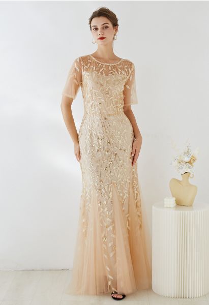 Leaves Branch Sequined Mesh Panelled Gown in Apricot