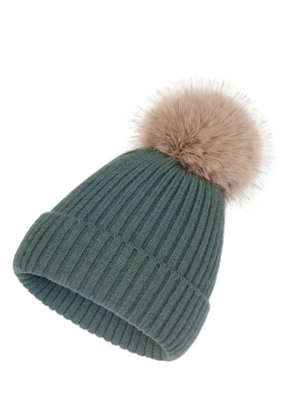 Pom-Pom Ribbed Knit Beanie Hat in Turquoise