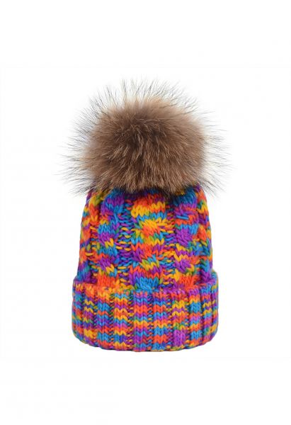 Mix-Knit Pom-Pom Beanie Hat in Yellow