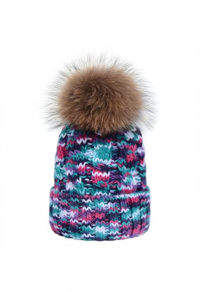 Mix-Knit Pom-Pom Beanie Hat in Blue