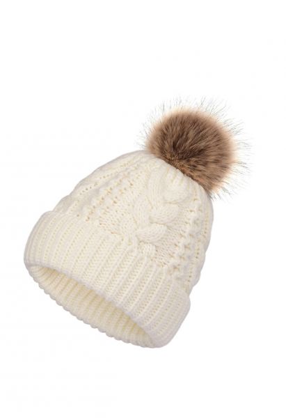 Pom-Pom Trim Braided Knit Beanie Hat in Ivory