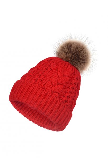 Pom-Pom Trim Braided Knit Beanie Hat in Red