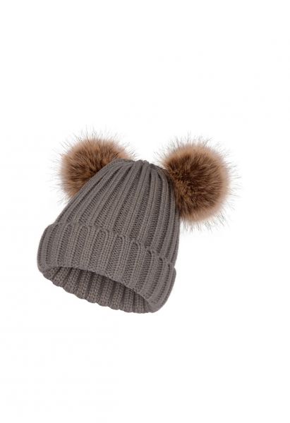 Fuzzy Pom-Pom Knit Beanie Hat in Smoke