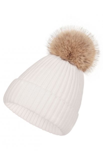 Pom-Pom Ribbed Knit Beanie Hat in Ivory