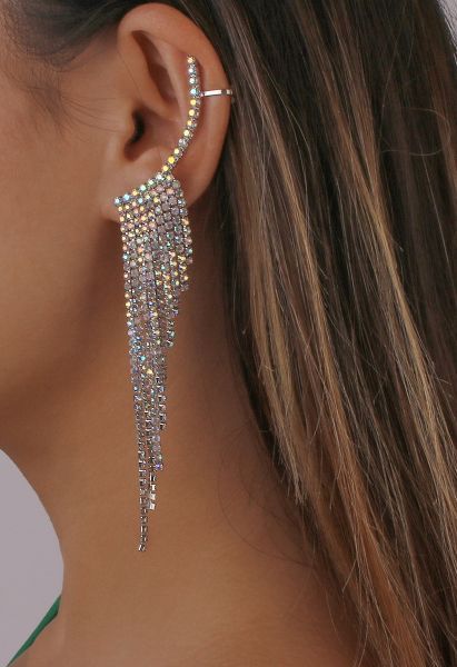 Glittering Wing Tassel Drop Earrings in Silver