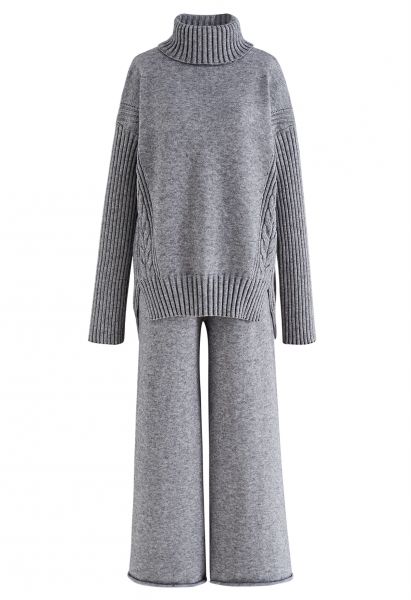 Turtleneck Hi-Lo Sweater and Knit Pants Set in Grey