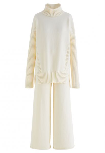 Turtleneck Hi-Lo Sweater and Knit Pants Set in Cream