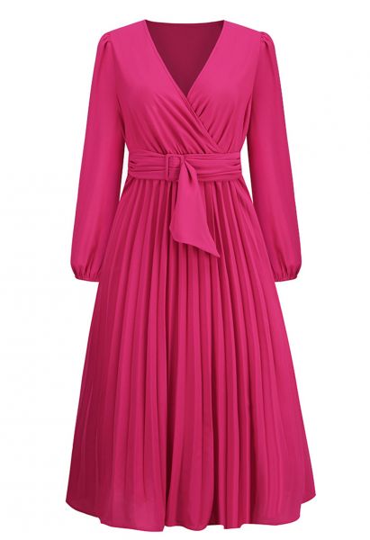 Wrap Front Buckle Belt Dress in Magenta