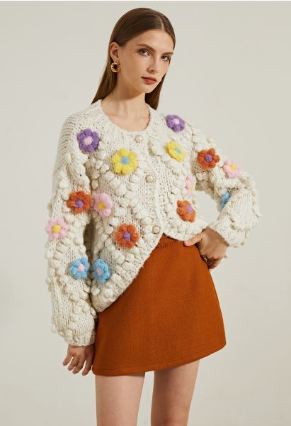 Button Up Floral Pom-Pom Knit Cardigan