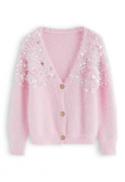 Fluffy V-Neck Sequins Buttoned Crop Cardigan in Pink