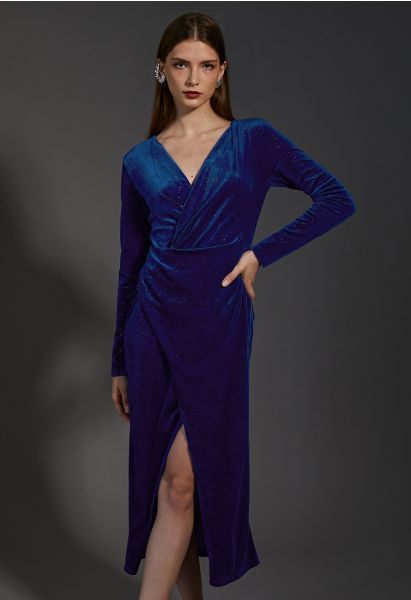 Glittery Velvet Wrap Midi Dress in Blue