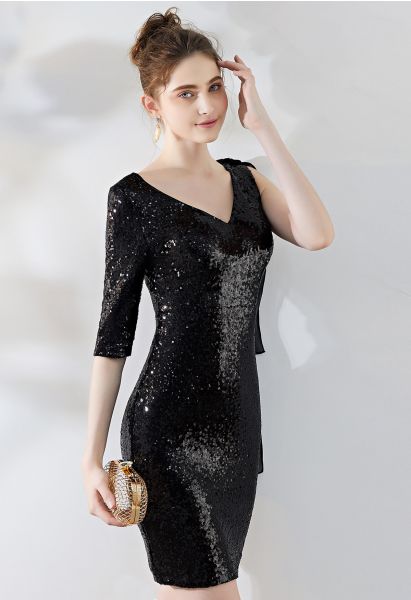 V-Neck Chiffon Spliced Sequined Cocktail Dress in Black